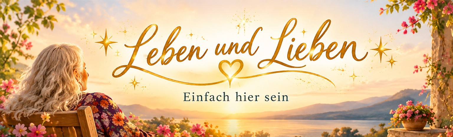 Leben und Lieben – einfach hier sein. Goldener Schriftzug über einer Landschaft mit einer Frau auf einer Bank.